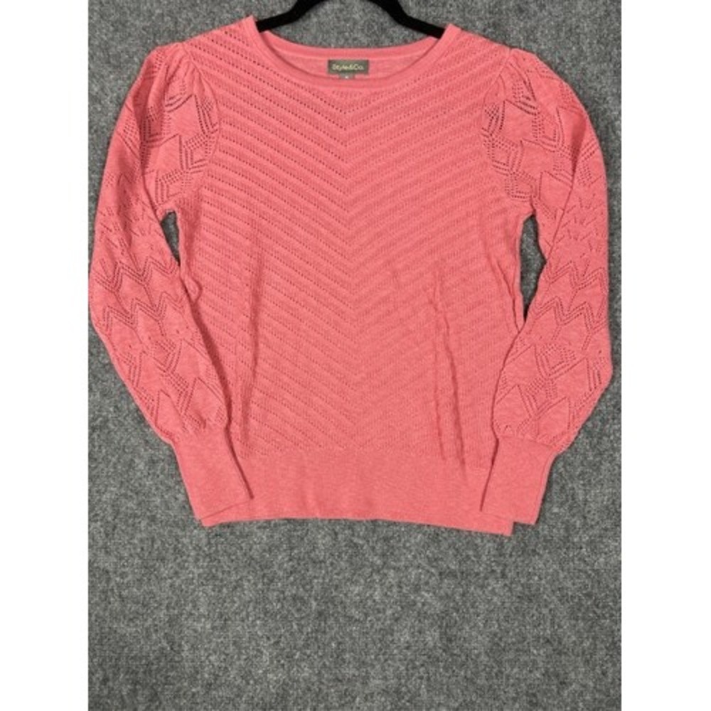 Style&Co. Pink Pointelle Chevron Knit Crewneck Pullover Sweater Long Sleeve PS